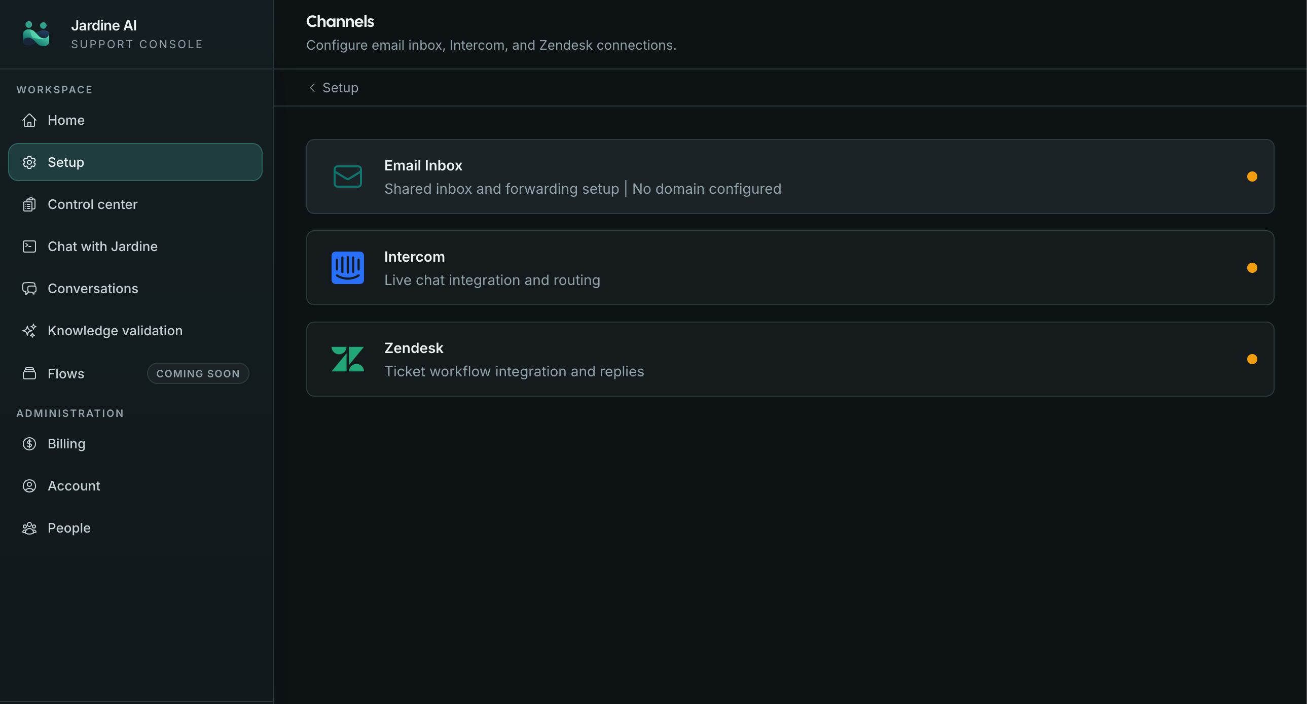 Jardine inbox showing auto-resolved and escalated support threads